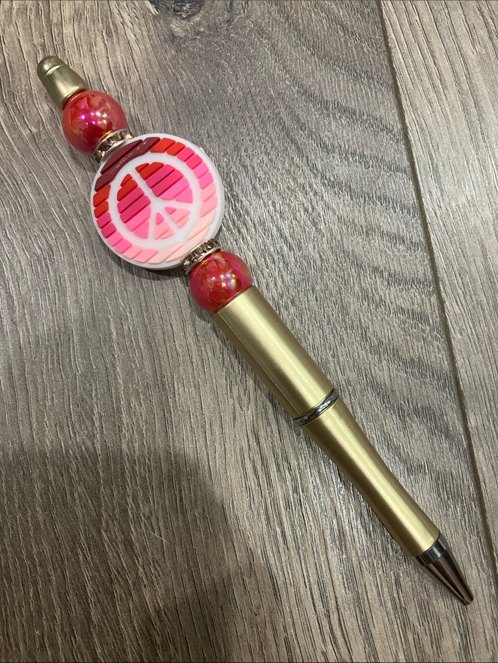 Hand Beaded Gold and Pink Peace Sign Pen